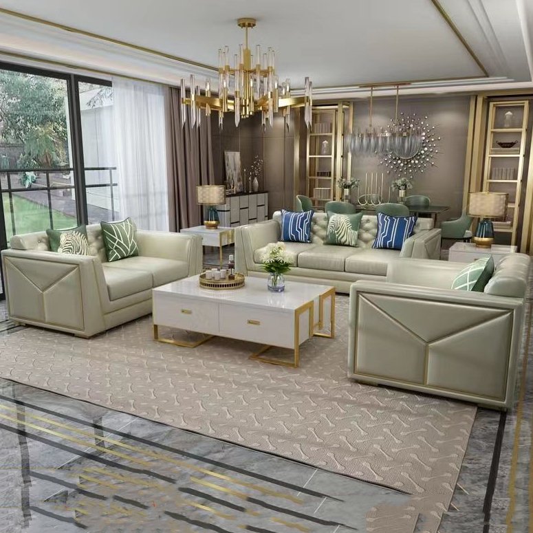 Customization villa apartment italian light leather art luxury sofa armchair set sky blue fancy home furniture living room sofas