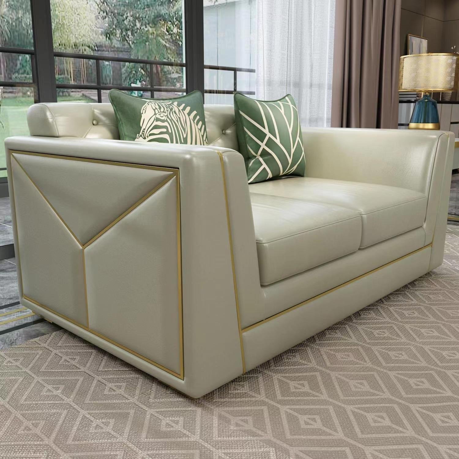 Customization villa apartment italian light leather art luxury sofa armchair set sky blue fancy home furniture living room sofas
