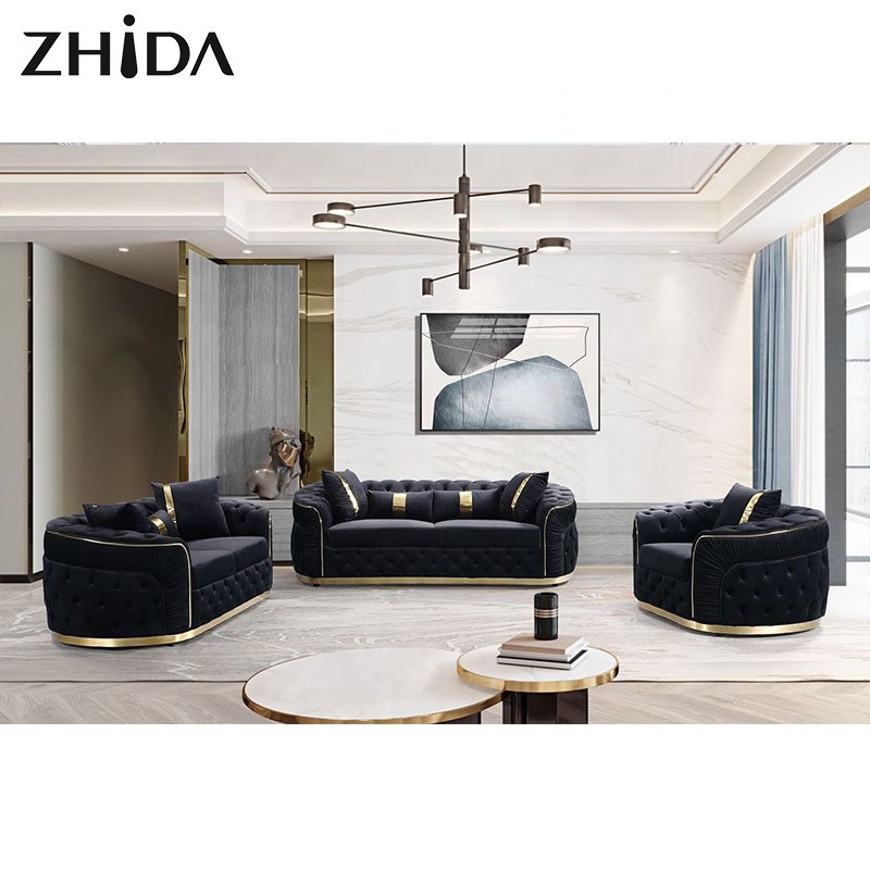 Factory Outlet European Style Luxury Metal Feet Chesterfield Sofa Couches Velvet Pull-Out Plush Living Room Sofa Set Furniture