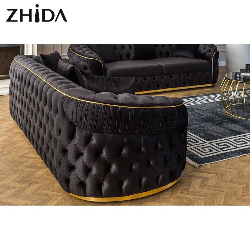 Factory Outlet European Style Luxury Metal Feet Chesterfield Sofa Couches Velvet Pull-Out Plush Living Room Sofa Set Furniture