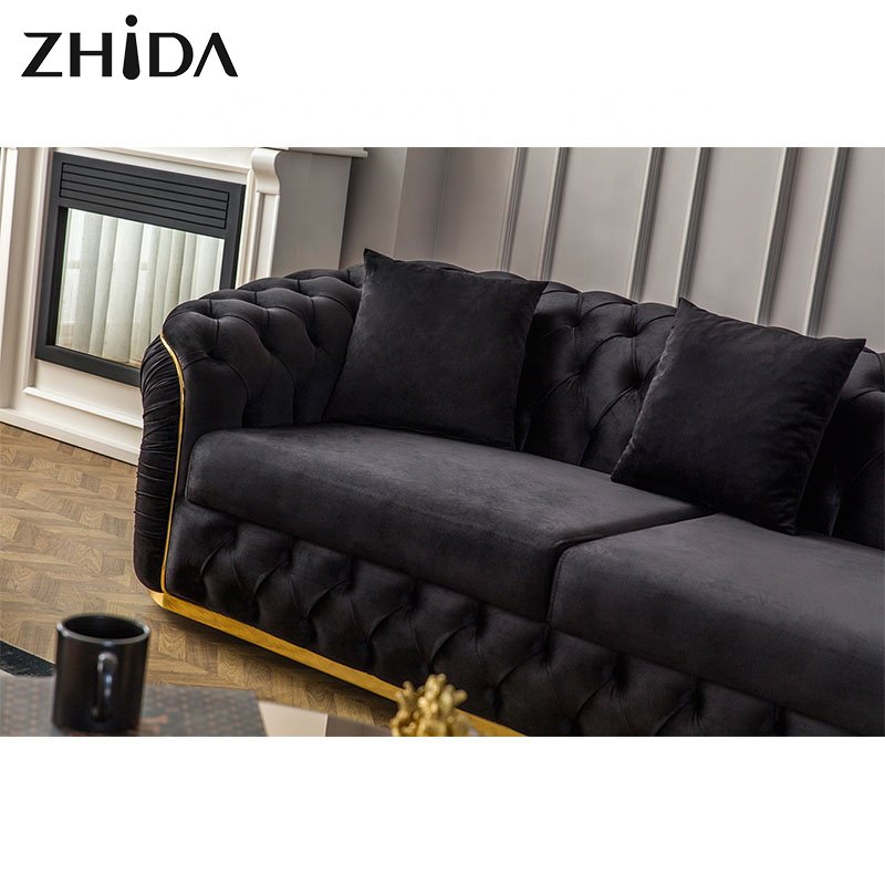 Factory Outlet European Style Luxury Metal Feet Chesterfield Sofa Couches Velvet Pull-Out Plush Living Room Sofa Set Furniture
