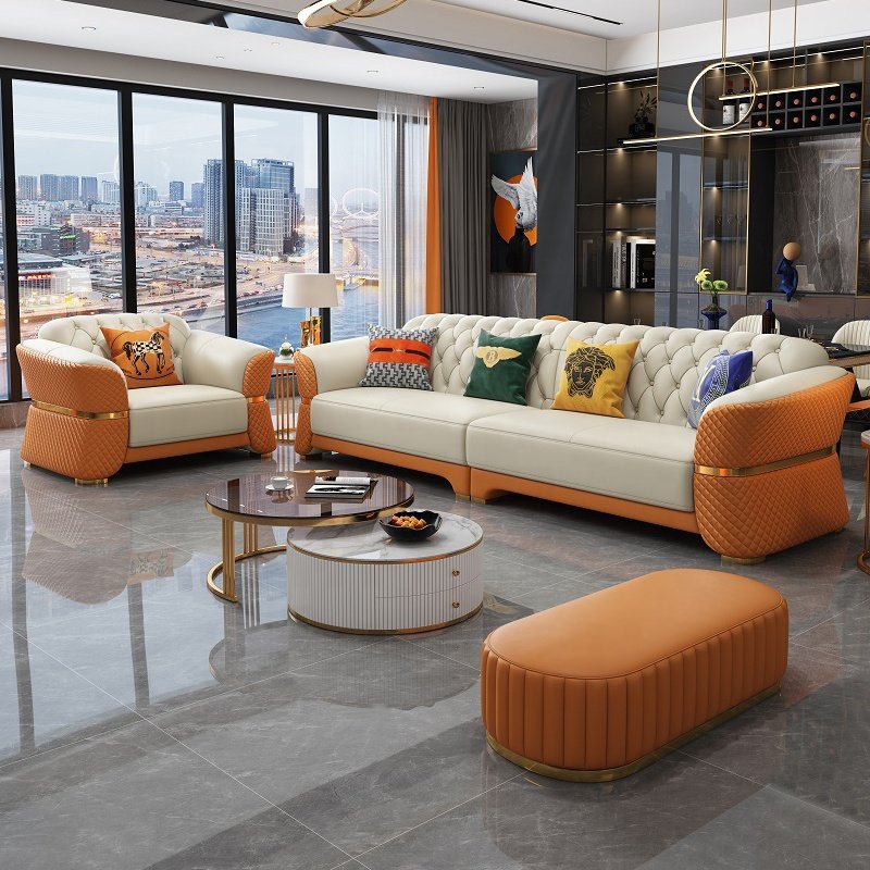 European stylish upholstery chesterfield leather sofa modern villa sectional couch living room sofas set with chaise furniture