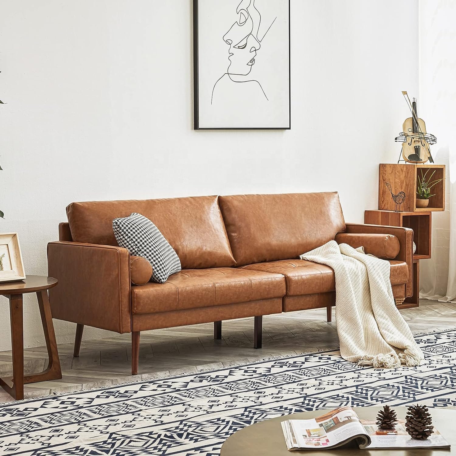 JL Best Selling Free Sample Faux Leather Sofa Couch Brown Mid-Century 3 Seater Leather Couch Elegant Living Room Sofa