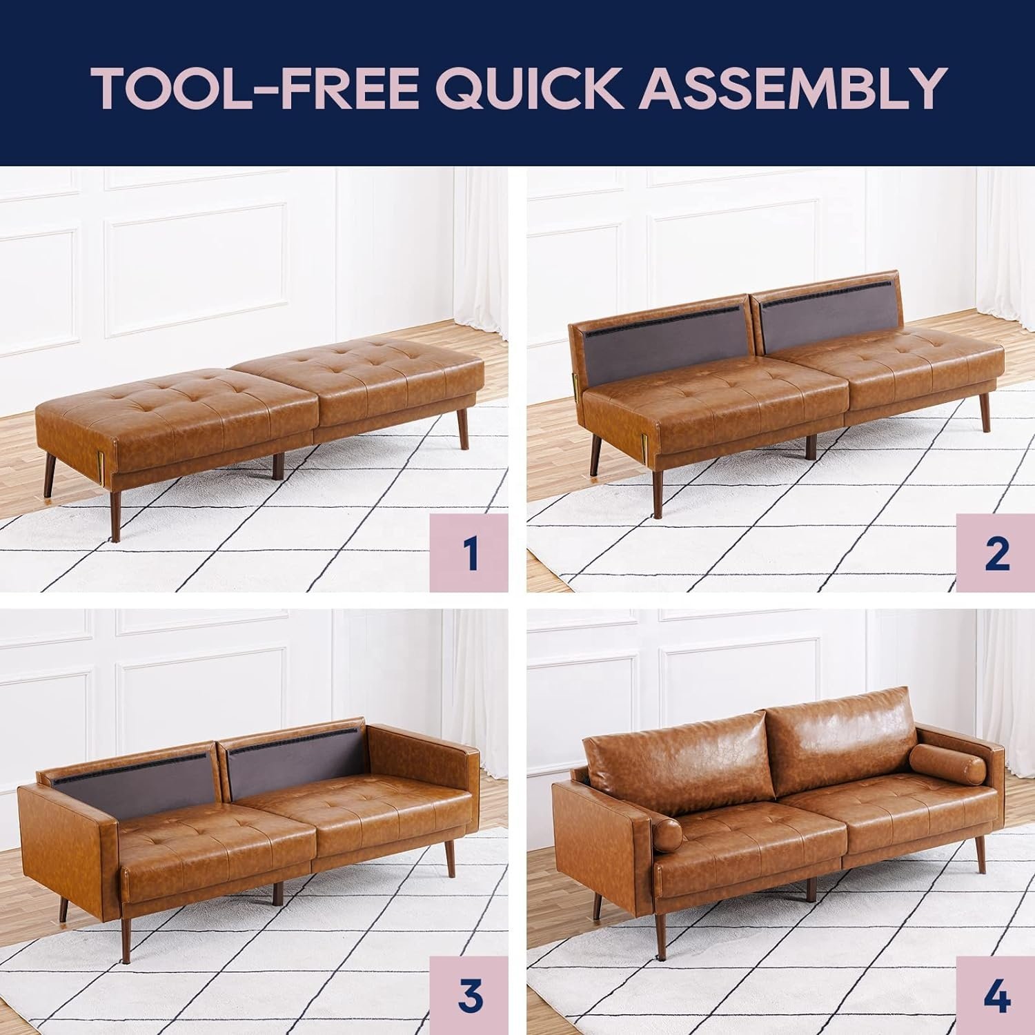 JL Best Selling Free Sample Faux Leather Sofa Couch Brown Mid-Century 3 Seater Leather Couch Elegant Living Room Sofa