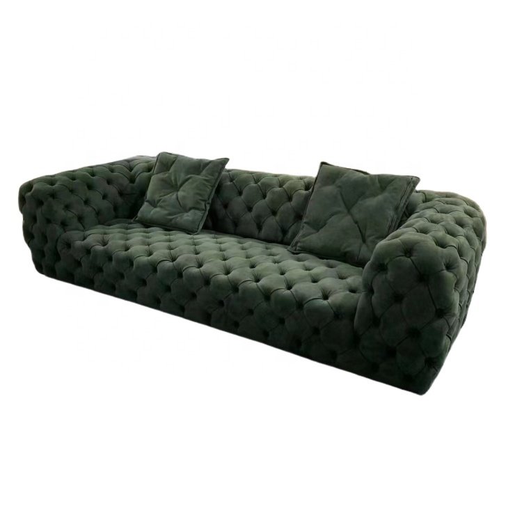 Luxury home chesterfield- sofa upholstery fabric frosted velvet fully tufted buttons 3 seat chesterfield living room sofa