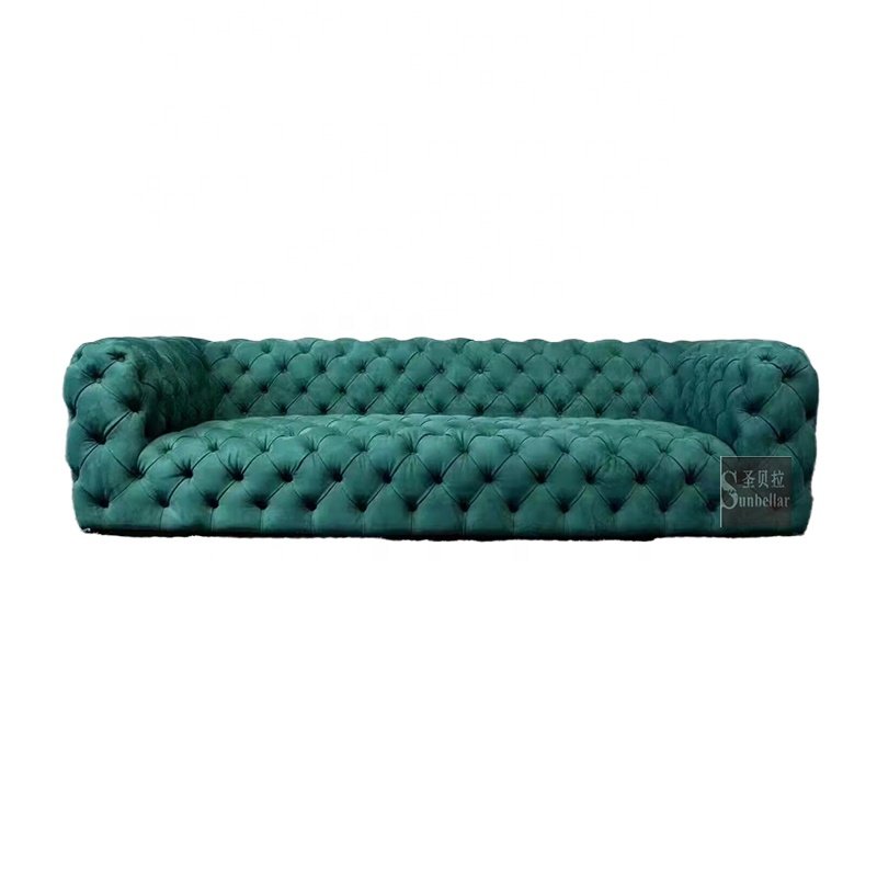Luxury home chesterfield- sofa upholstery fabric frosted velvet fully tufted buttons 3 seat chesterfield living room sofa