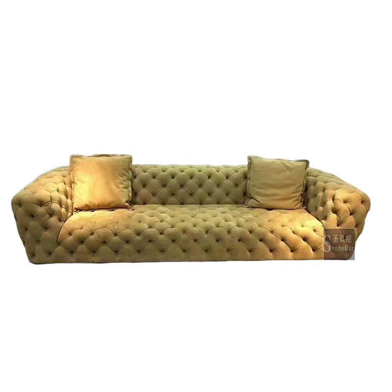 Luxury home chesterfield- sofa upholstery fabric frosted velvet fully tufted buttons 3 seat chesterfield living room sofa