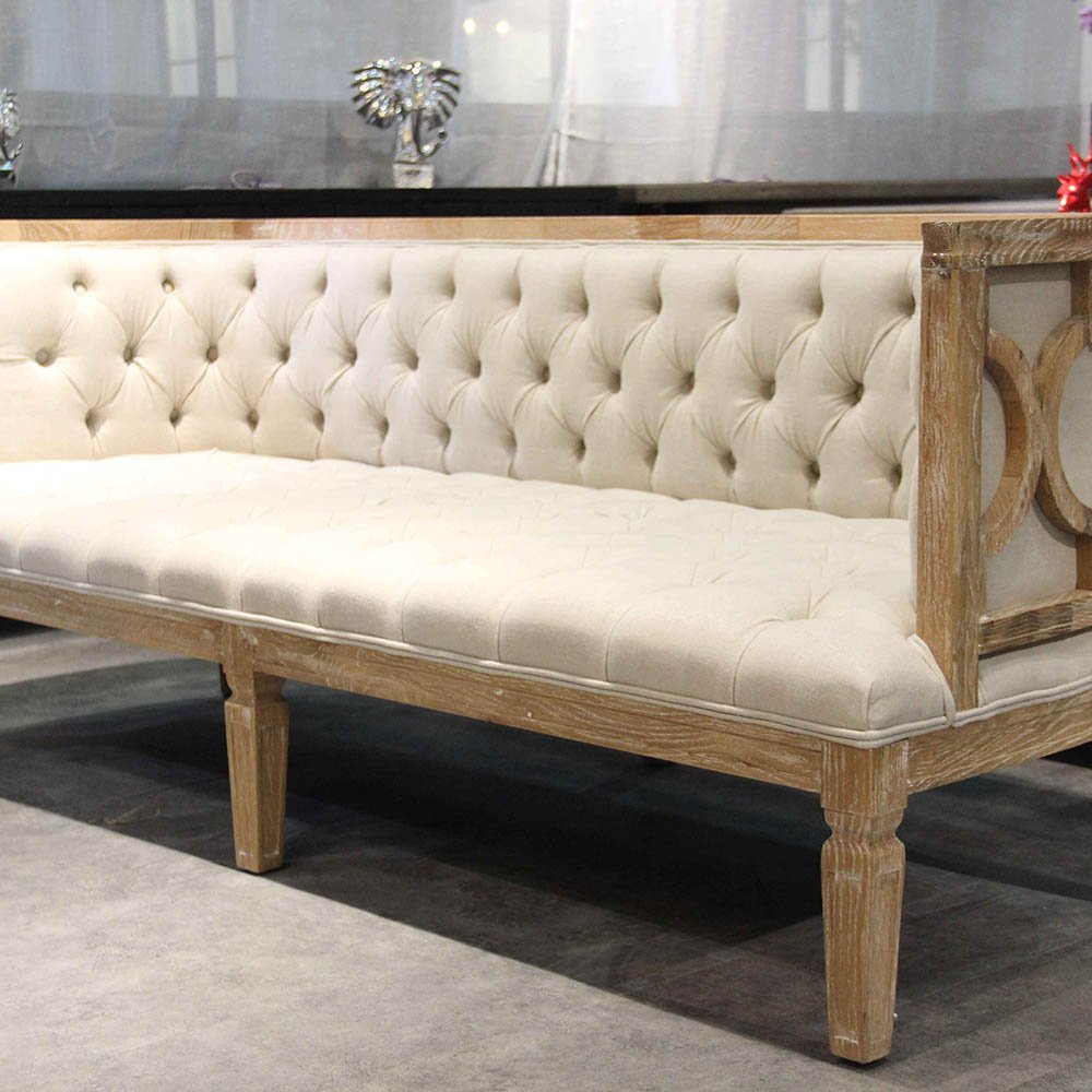 MRS WOODS New Design French Button Tufted Beige Linen Solid Oak Frame Living Room Sofa