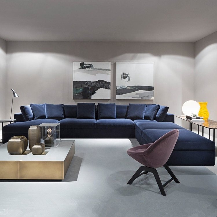Modern Living Room Furniture Fabric Velvet U Shaped Sofas 7 Seater Black Big Large Couch Sofa Set