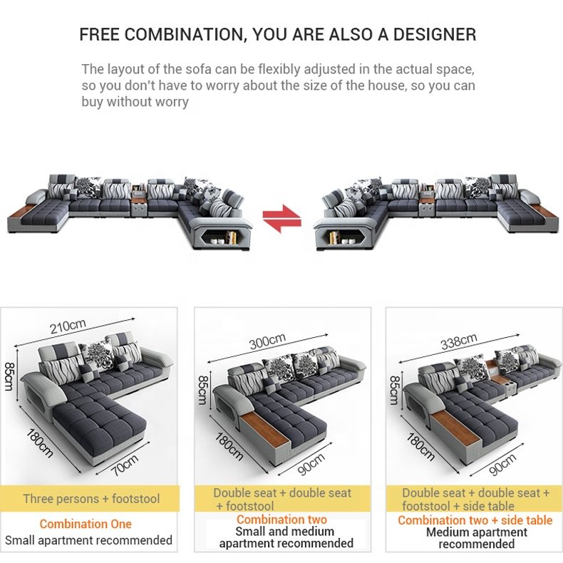 Home furniture hot sale new arrival adult sectional corner 7 seater U shape latex fabric modern living room sofas manufacturer