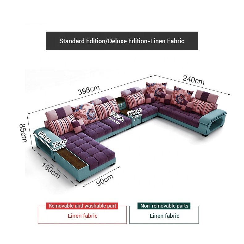 Home furniture hot sale new arrival adult sectional corner 7 seater U shape latex fabric modern living room sofas manufacturer