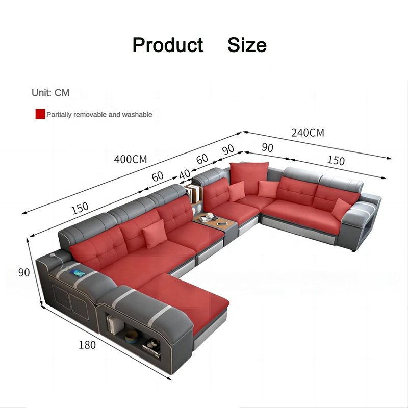 New design modern style luxury multifunction large compartment sectional 7 seater U shaped brown sofa set living room furniture