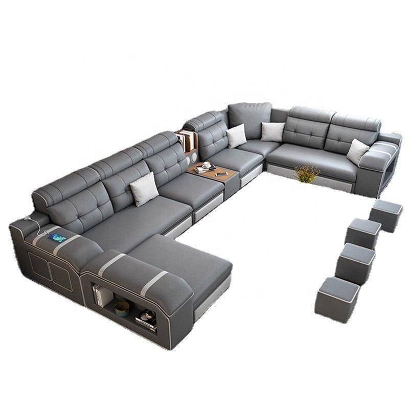 New design modern style luxury multifunction large compartment sectional 7 seater U shaped brown sofa set living room furniture
