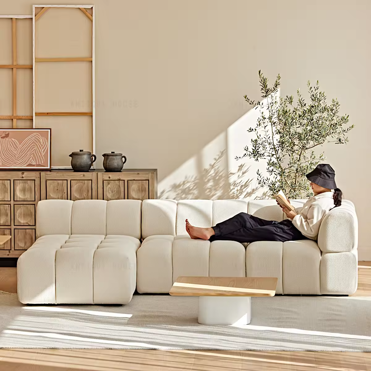 European White Combination Living Room Sofa Beige Sofa Set Comfortable L-Shape Scandinavian Modular Sofa