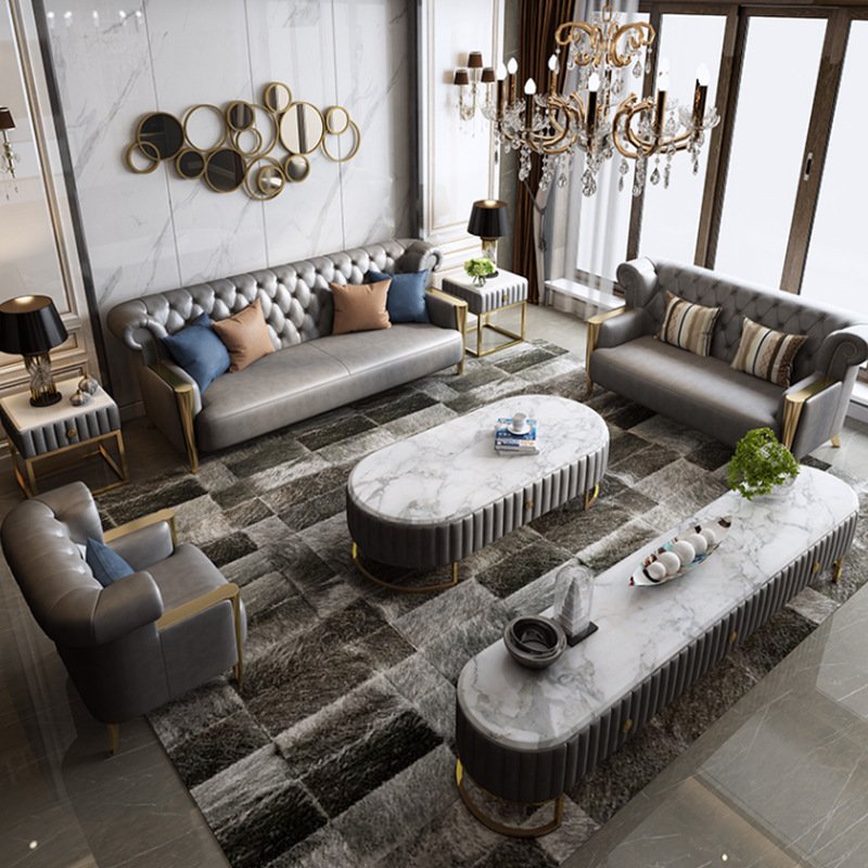 Solid Wood Stainless Steel Titanium Edge Sponge Rebound Leather L-Shape Living Room Sofa Set Sofas for Home Furniture