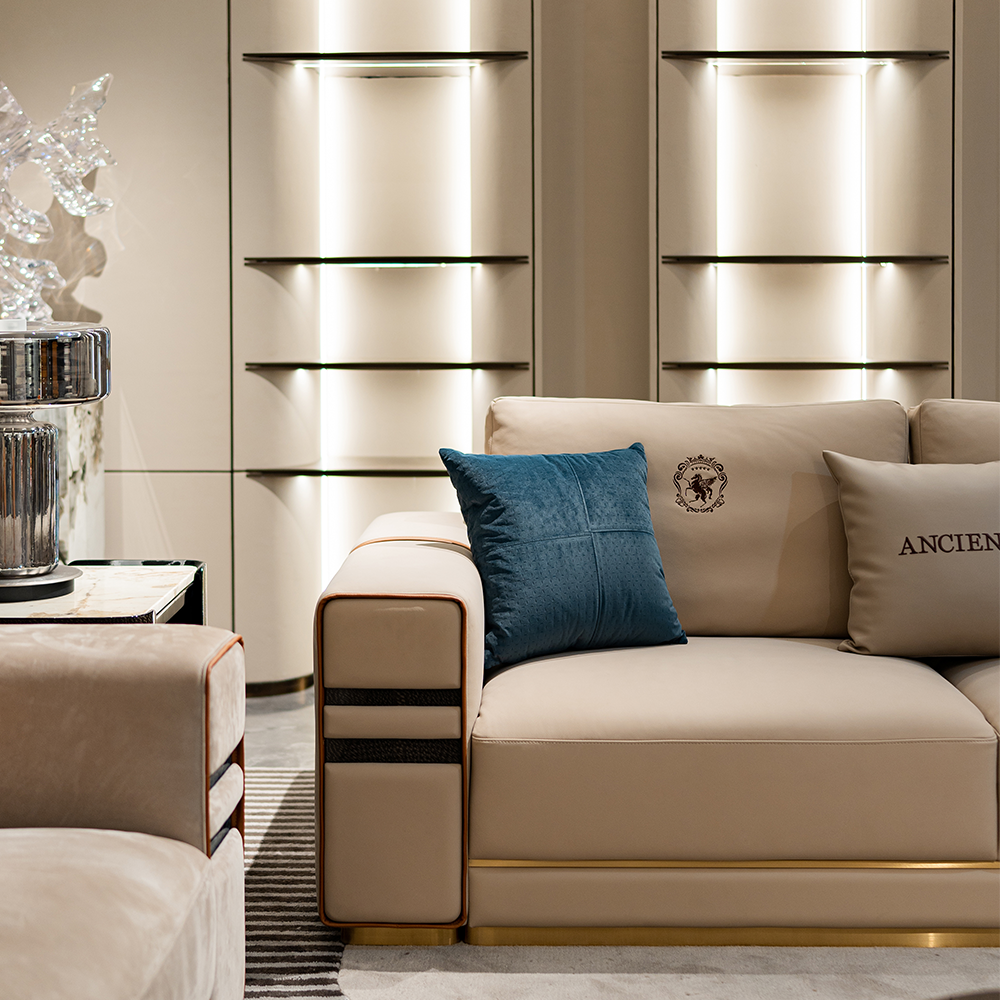 ANCIENT Italian Light Luxury Leather Sofa Modern High-end Living Room Original Three Seat Wooden Sofa living room sofas