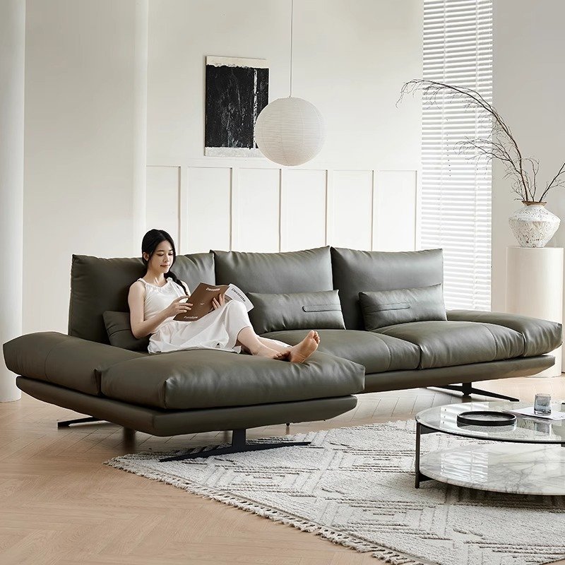 Italian top layer cowhide sofa high-end villa living room minimalist leather beancurd block shaped down sofa