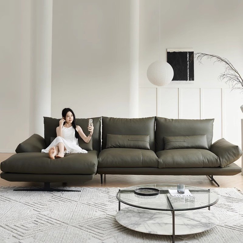 Italian top layer cowhide sofa high-end villa living room minimalist leather beancurd block shaped down sofa