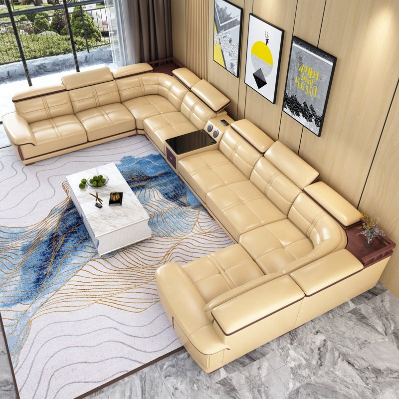 modern designs genuine leather sofa set furniture U shaped living room furniture sectional sofa