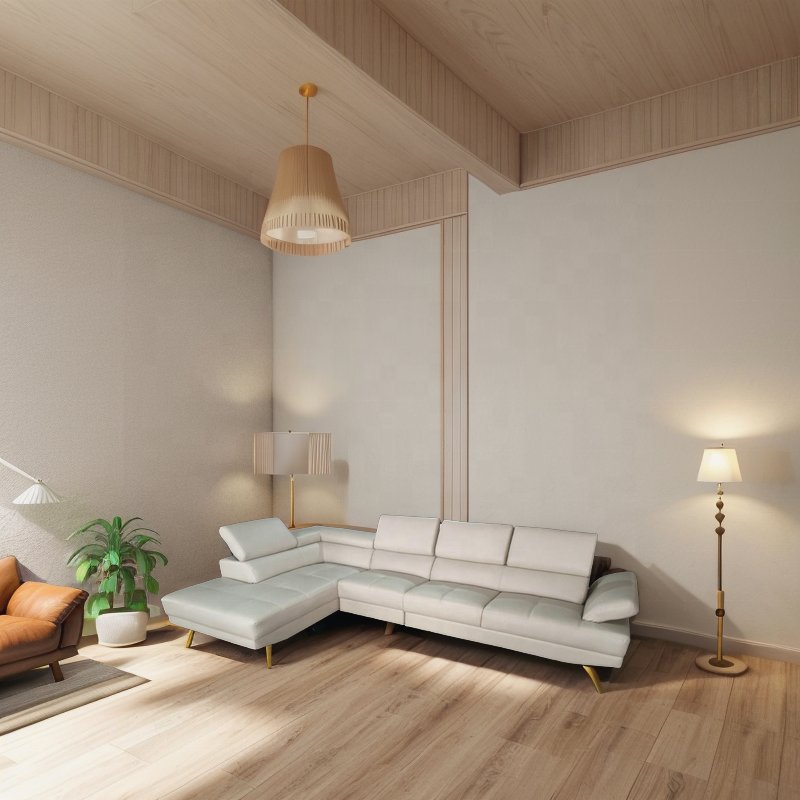Nordic L Shaped Genuine Leather Living Room Sofa Set Solid Wood Frame for Home Furniture