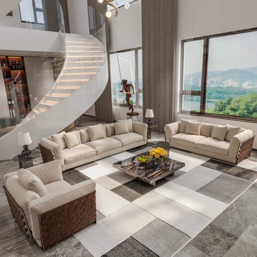 Solid Wood inner frame Saddle leather braided straps Saddle Leather high end fabric Modern living room sofa Set
