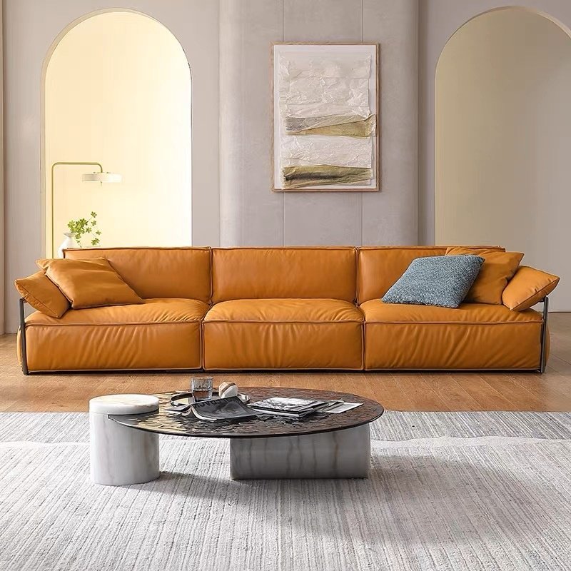 Italian light luxury luxury living room sofa set leather material multi-person straight row living room sofa