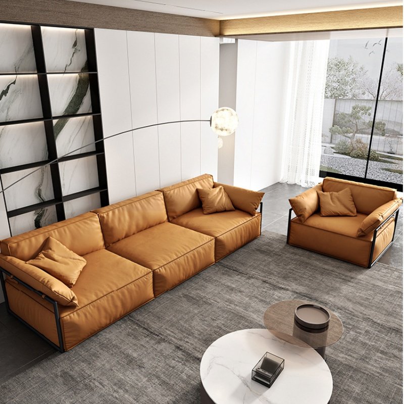 Italian light luxury luxury living room sofa set leather material multi-person straight row living room sofa