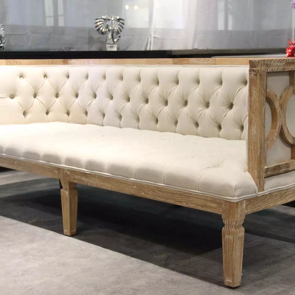 MRS WOODS New Design Button Tufted Beige Linen Solid Oak Frame Luxury Living Room Hotel Events Sofa
