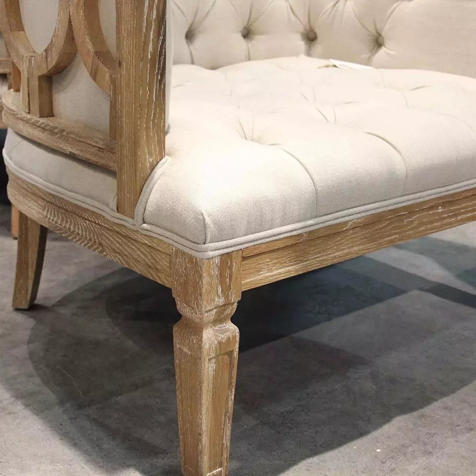 MRS WOODS New Design Button Tufted Beige Linen Solid Oak Frame Luxury Living Room Hotel Events Sofa