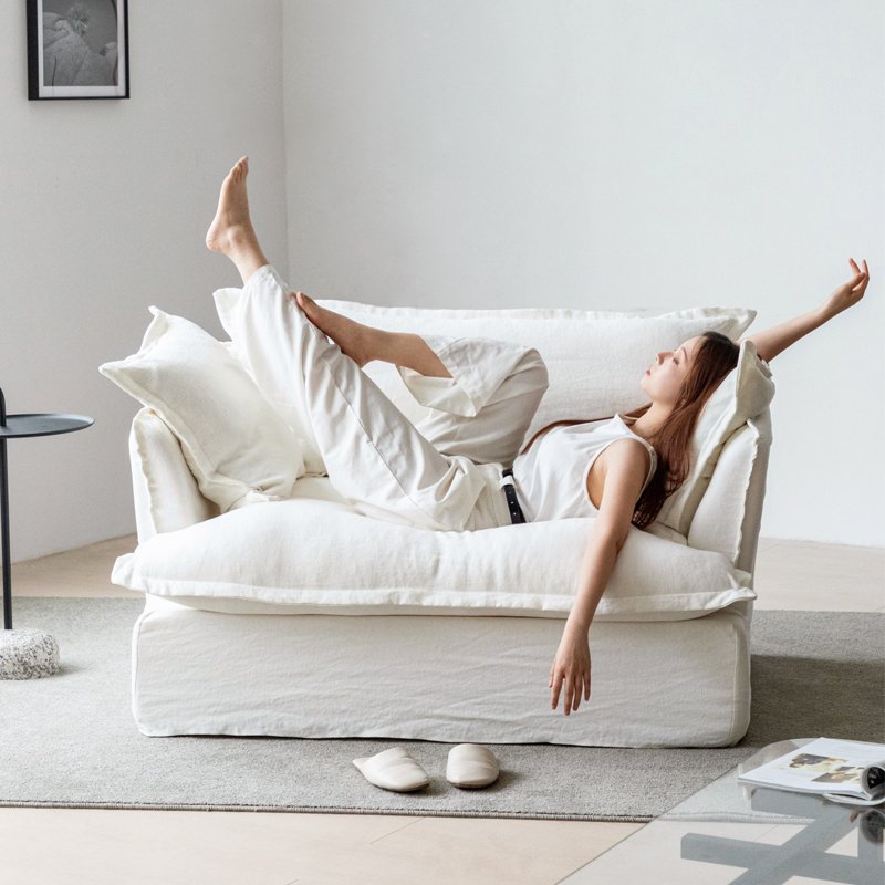 Cream wind white linen sofa fully disassembled and washed living room large seat deep single sofa Nordic fabric leisure sofa