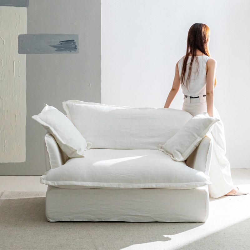 Cream wind white linen sofa fully disassembled and washed living room large seat deep single sofa Nordic fabric leisure sofa