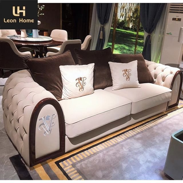 Modern design bottom tufted leather sectional luxury beige sofa leather sofa set living room furniture sofas for home luxury