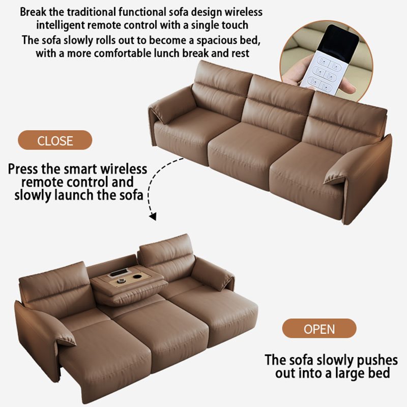 Electric leather sofa bed straight row three people retractable reclining dual-use intelligent elephant ear function sofa