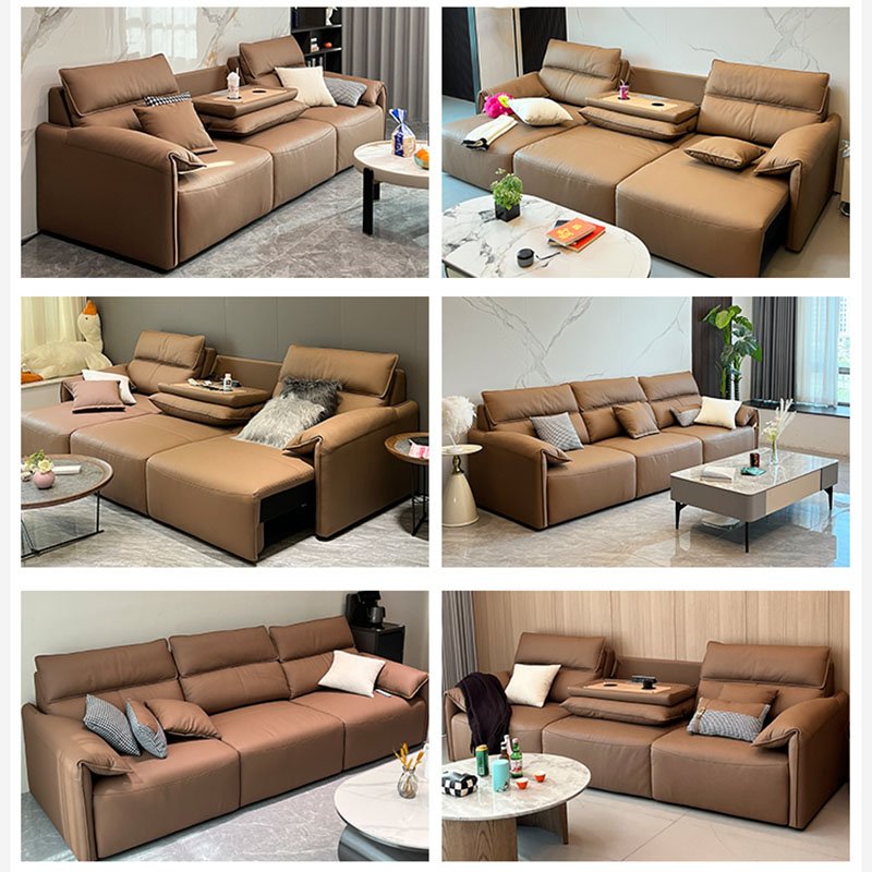 Electric leather sofa bed straight row three people retractable reclining dual-use intelligent elephant ear function sofa