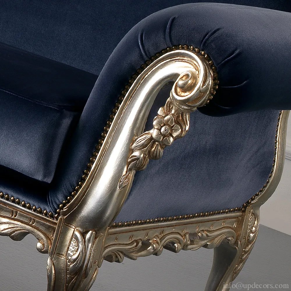 Navy Blue Velvet Champagne Leaf Baroque Sofa Factory direct luxury hand carved furniture european style sofa