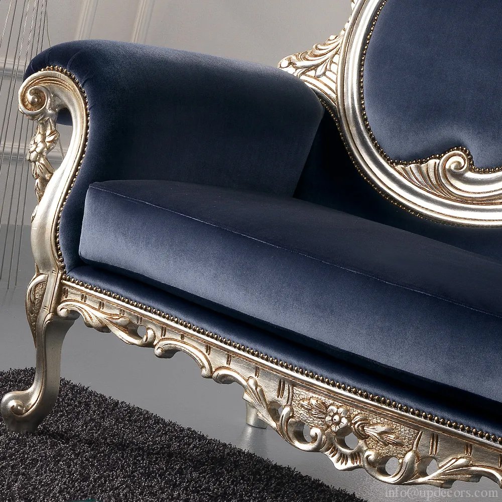 Navy Blue Velvet Champagne Leaf Baroque Sofa Factory direct luxury hand carved furniture european style sofa