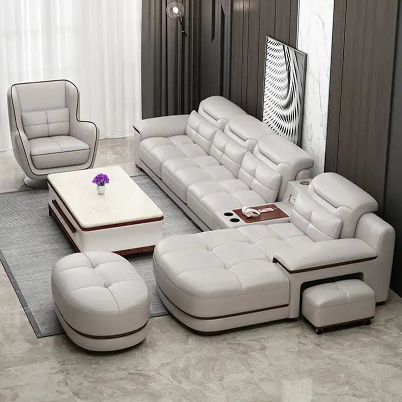 Italian Genuine Leather Sectional Sofa Set with Electric Recliner, Bluetooth Speaker and Projector By MANBAS Livingroom Couch