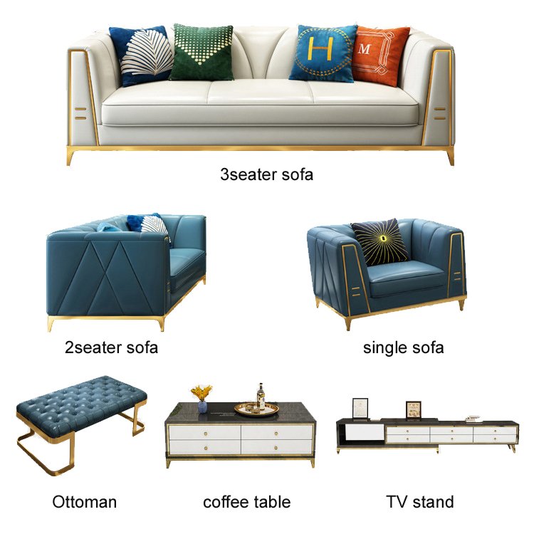 modern design genuine leather living room sofa with gold stainless steel leg chesterfield sofa for home hotel high end life
