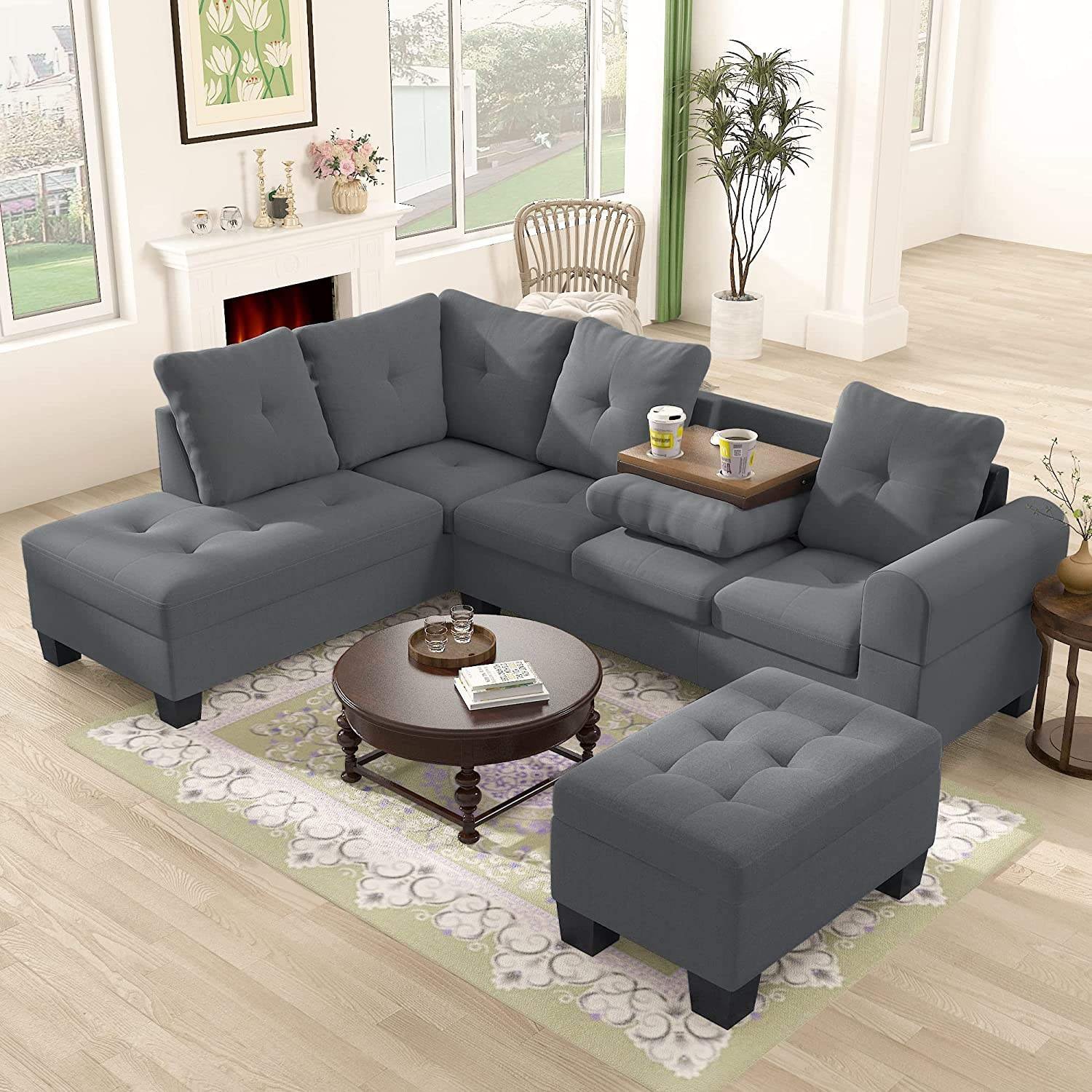L Shaped Couches Modular Storage Ottoman 3 Seater Sofas for Living Room Small Space Apartment Dark Gray Home Furniture Sofa
