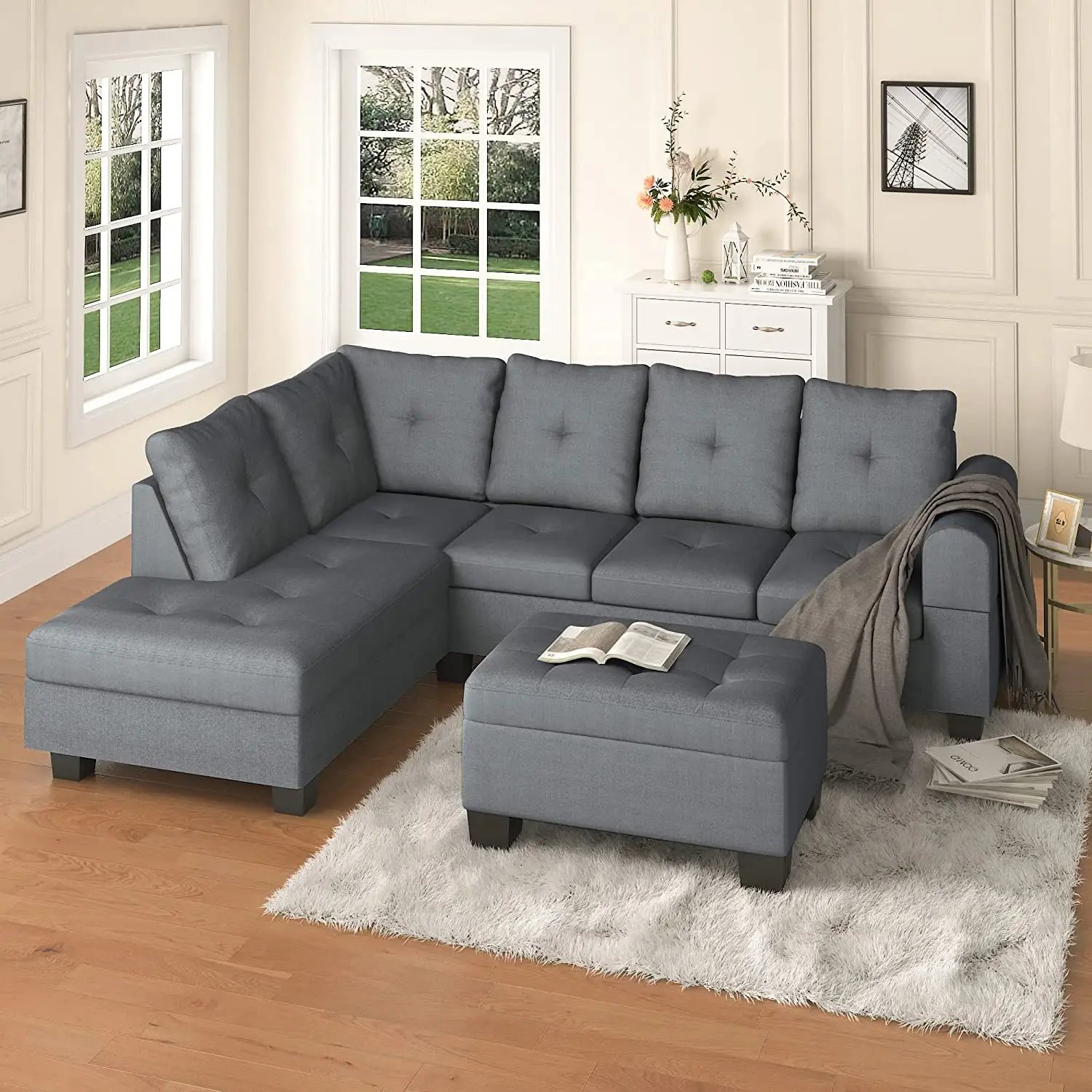 L Shaped Couches Modular Storage Ottoman 3 Seater Sofas for Living Room Small Space Apartment Dark Gray Home Furniture Sofa