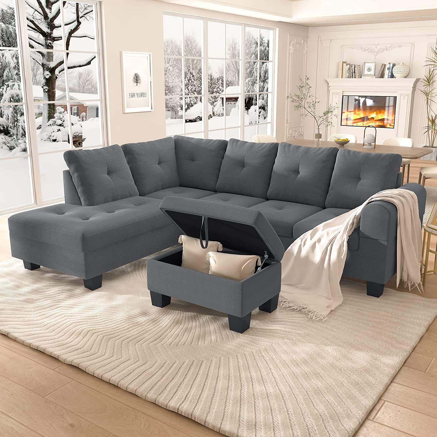 L Shaped Couches Modular Storage Ottoman 3 Seater Sofas for Living Room Small Space Apartment Dark Gray Home Furniture Sofa