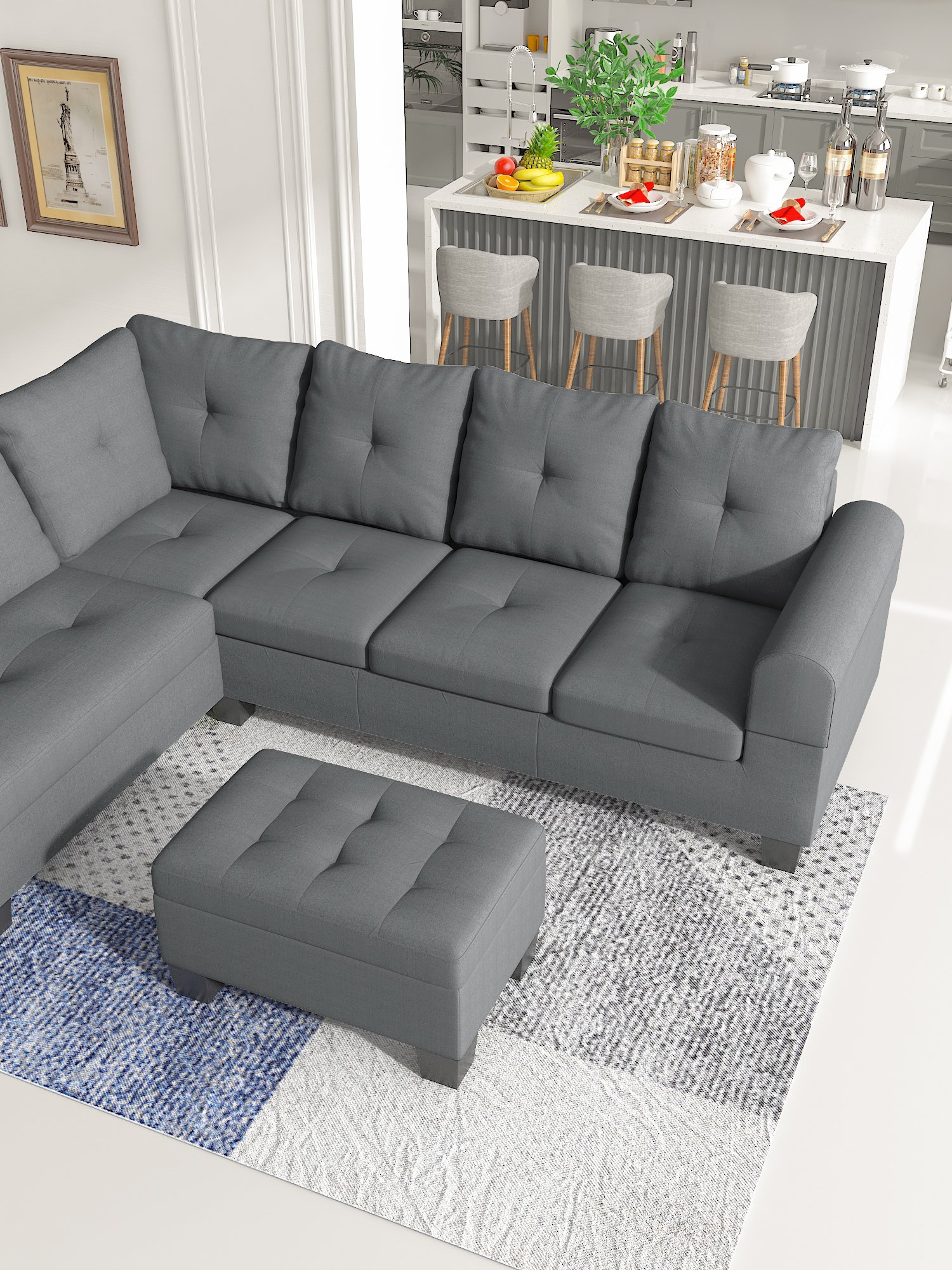 L Shaped Couches Modular Storage Ottoman 3 Seater Sofas for Living Room Small Space Apartment Dark Gray Home Furniture Sofa
