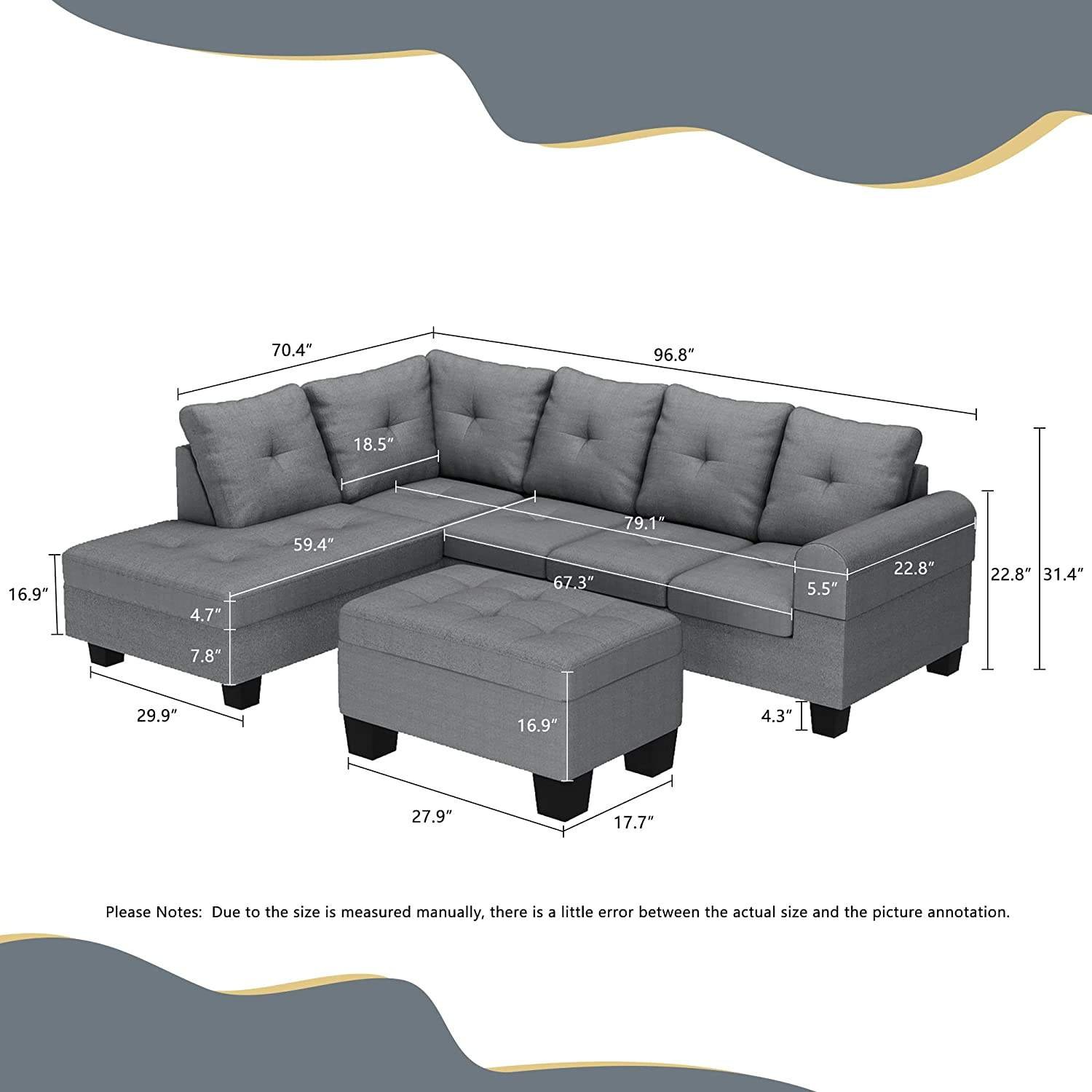 L Shaped Couches Modular Storage Ottoman 3 Seater Sofas for Living Room Small Space Apartment Dark Gray Home Furniture Sofa