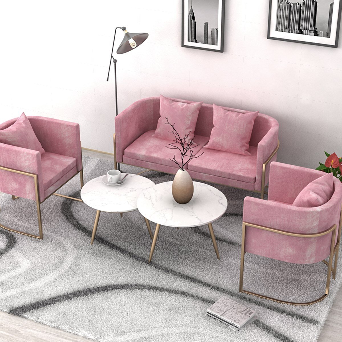 Nordic Pink Modern Luxury Living Room Sofa Set Grey Velvet L-Shape Sectional with Corner Fabric Lounge for Home & Office