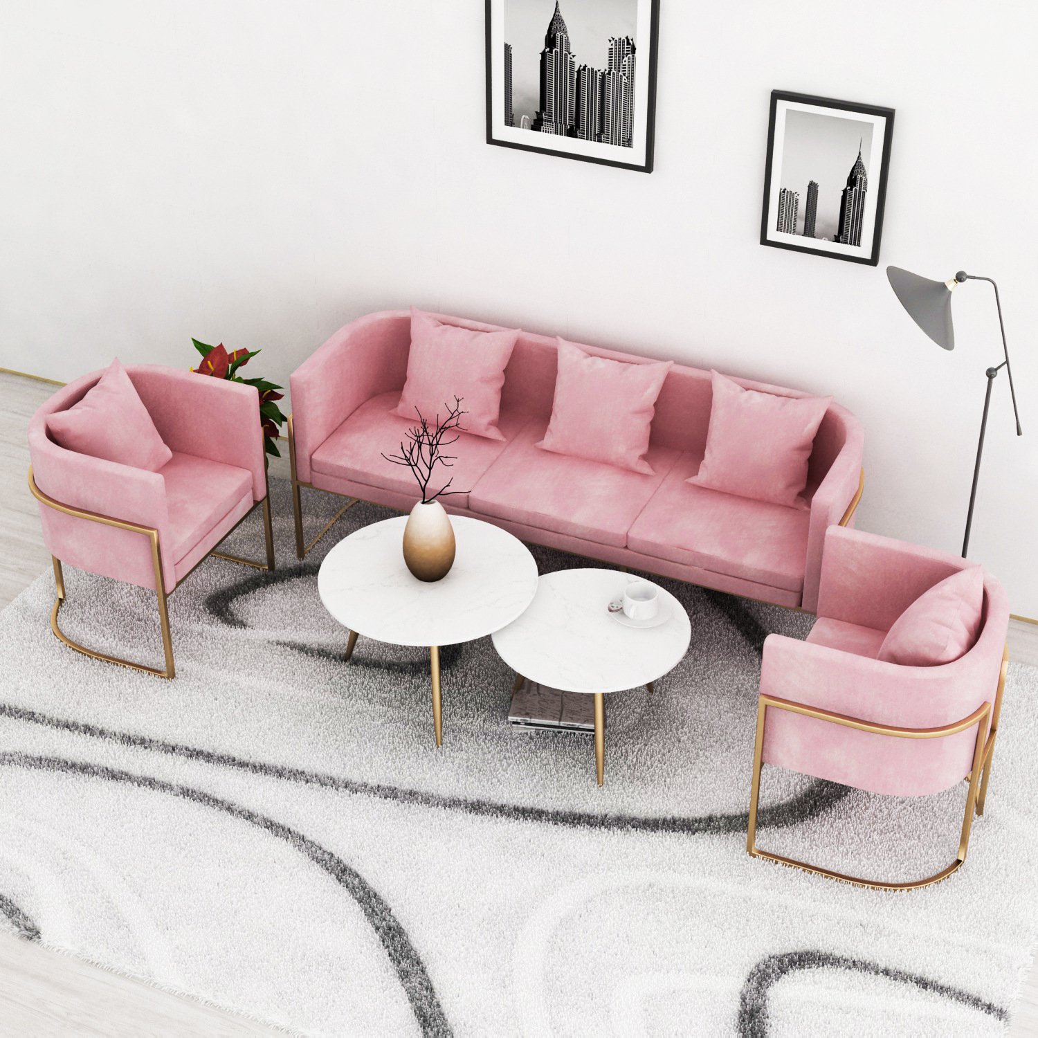 Nordic Pink Modern Luxury Living Room Sofa Set Grey Velvet L-Shape Sectional with Corner Fabric Lounge for Home & Office