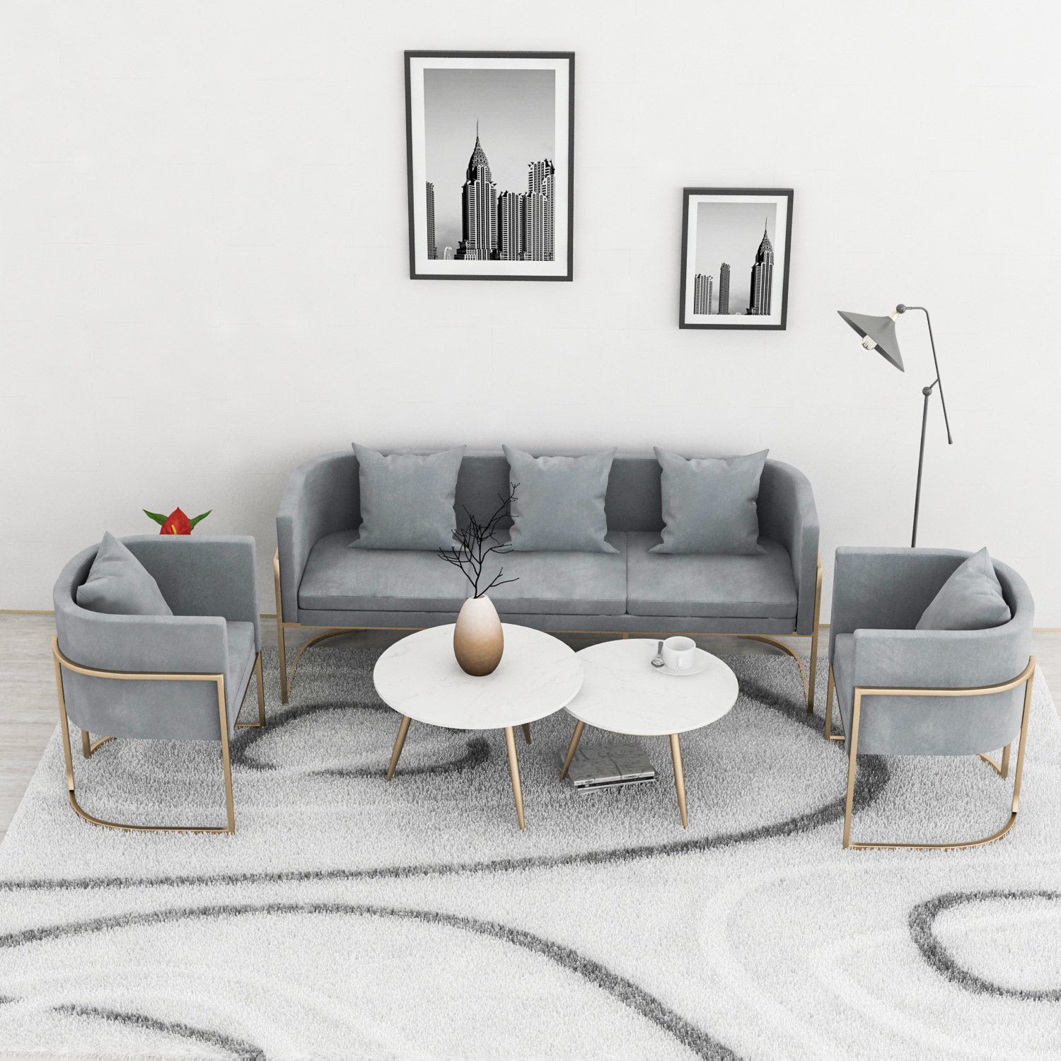 Nordic Pink Modern Luxury Living Room Sofa Set Grey Velvet L-Shape Sectional with Corner Fabric Lounge for Home & Office
