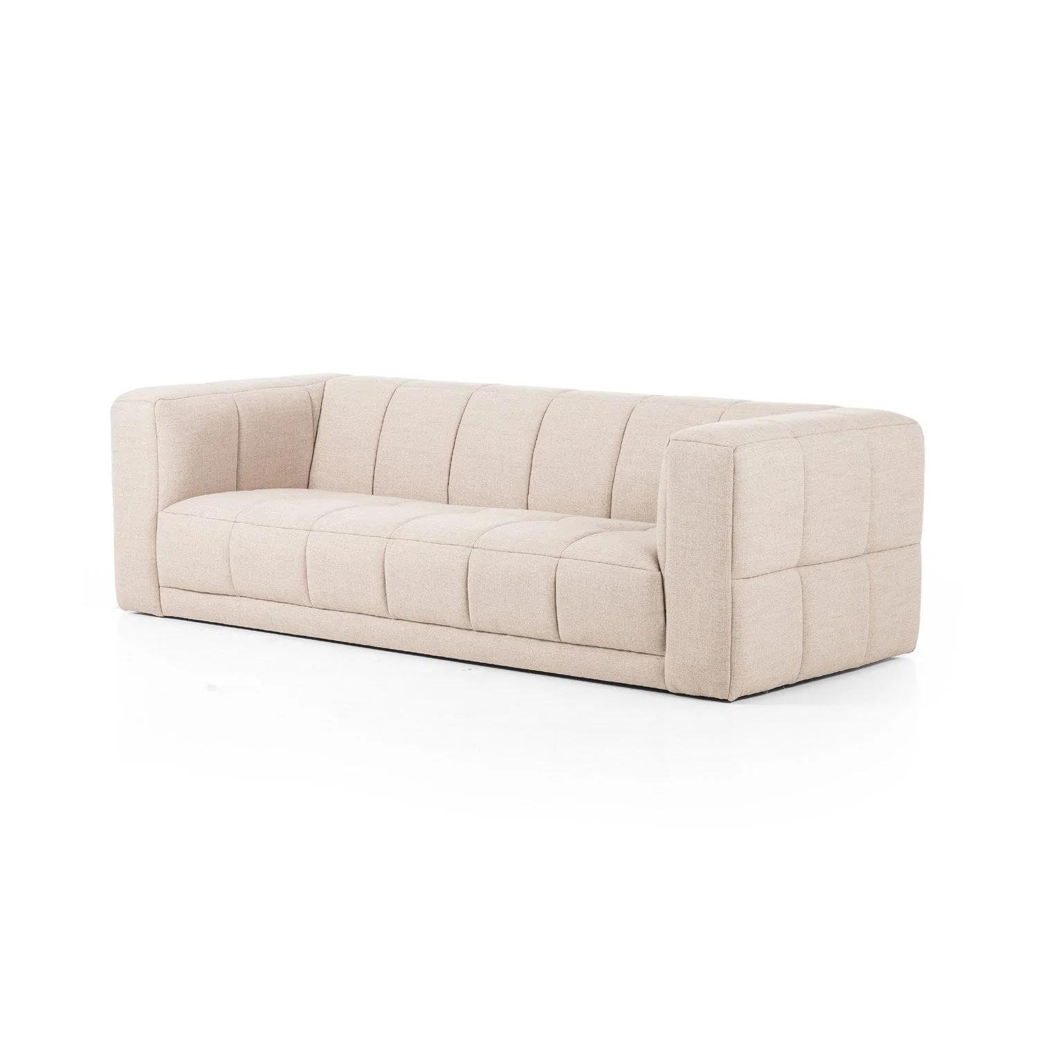 French Beige Fabric Upholstered Tufted Grid Pattern Three Seaters Modern Living Room Sofa