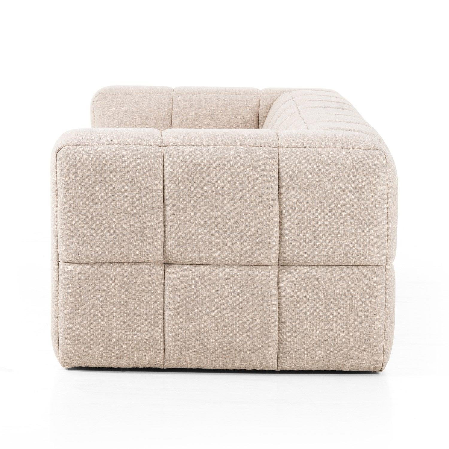 French Beige Fabric Upholstered Tufted Grid Pattern Three Seaters Modern Living Room Sofa