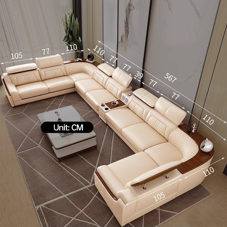 Modern Leather U Shaped Sectional Living Room leather sofa Set Luxury Furniture hot Selling Smart Sofa 7 Seater