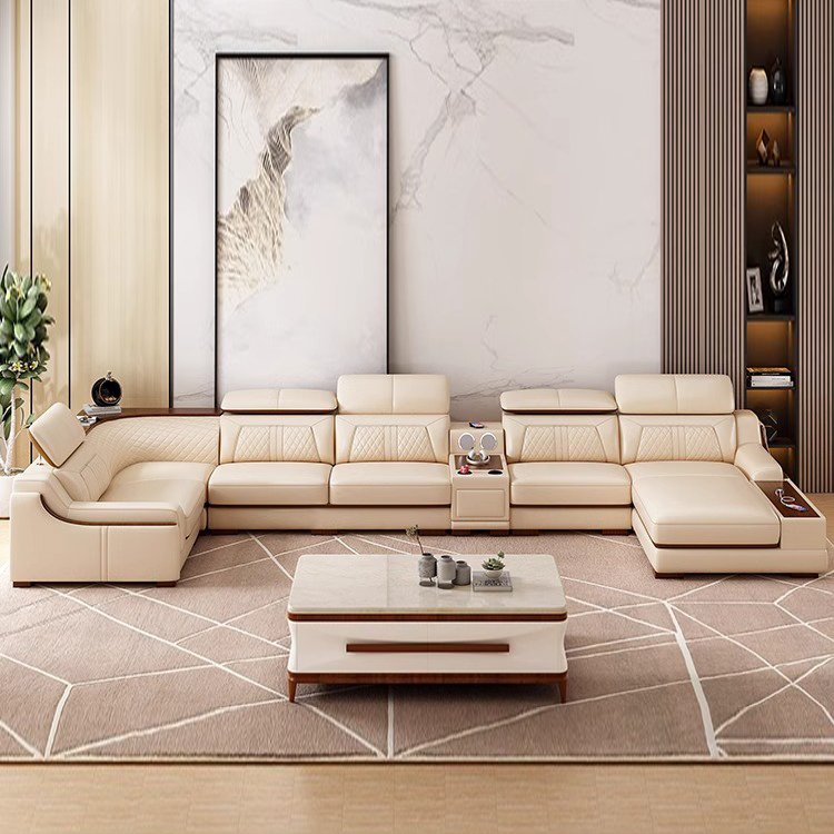 Modern Leather U Shaped Sectional Living Room leather sofa Set Luxury Furniture hot Selling Smart Sofa 7 Seater
